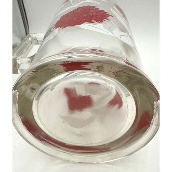 Vintage Heavy Glass Pitcher Clear Glass Pitcher Red Floral Print with Ice Lip - Picture 5 of 7
